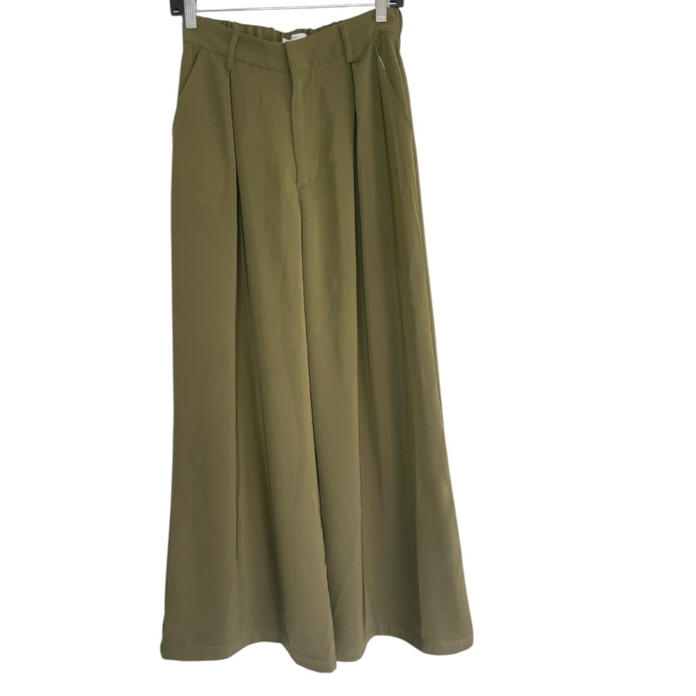Tronjori Women's Small Green Wide Flare Leg Dress Pants High Waist Palazzo Pants - Picture 2 of 13